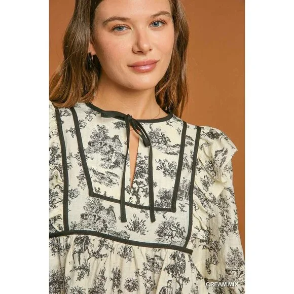 NWT Umgee V-Neck Babydoll Cream/Black Toile Top~Ruffle Detail~Puff Sleeves SMALL - Picture 3 of 6
